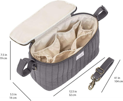 3 Sprouts Universal Quilted Stroller Organizer with Cup Holder and Zip Top - Durable Caddy Accessory with Storage - Shoulder Strap Converts Organizer to Small Diaper Bag - Gray