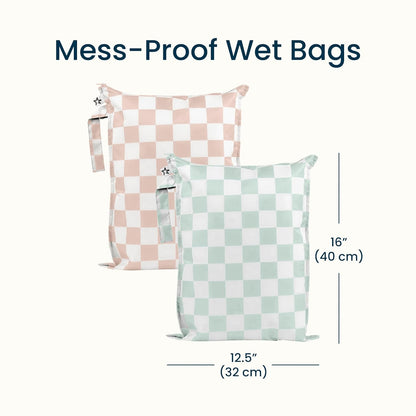 Tiny Twinkle Mess Proof Wet Bags | 2-Pack Reusable Waterproof Wet Bags for Swimsuits | Baby Clothes | Travel & Diaper Bag (Pink, Brown Checkers) - Colors A