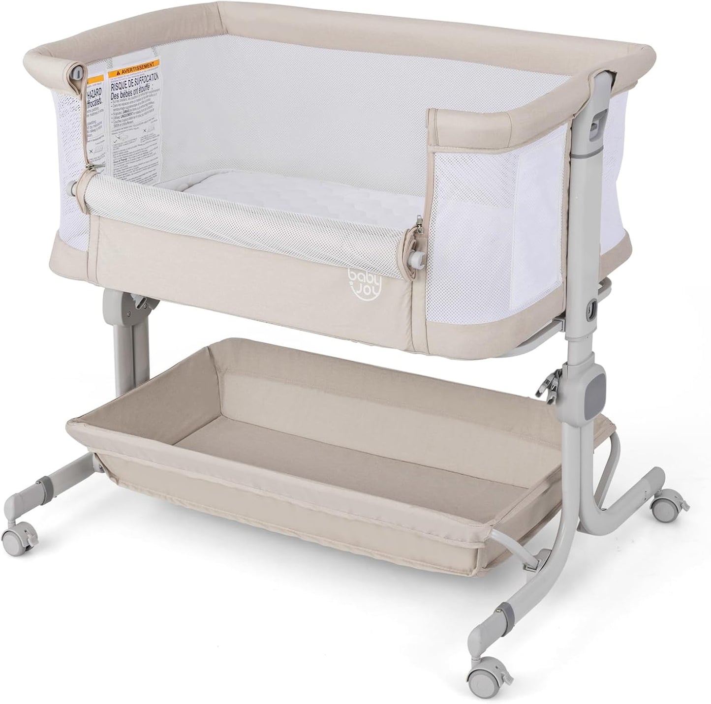 BABY JOY Bassinet, Bedside Crib w/ 6-Level Adjustable Height, Storage Shelf, Wheels, Mattress & Carry Bag for Safe Co-Sleeping, Folding Bassinet Bedside Sleeper for Newborn Infants (Gray)