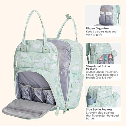 BabbleRoo Diaper Bag Backpack - Baby Essentials Travel Tote - Multi Function Water Resistant Diaper Bag, Travel Essentials Baby Bag with Changing Pad, Stroller Straps & Pacifier Case - Green Birdy | Baby Essentials, Travel Essentials, Baby Bag, with Ch...