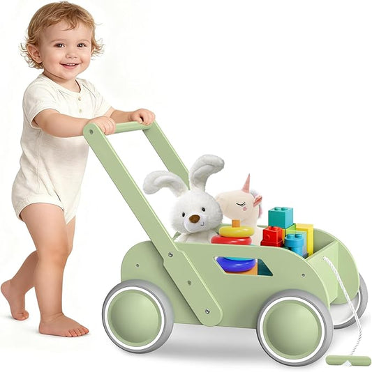 Wooden Baby Walker for Toddler, Baby Push Walker with Wheels for Infants Boys Girls, Toys Gift for Birthday Christmas New Year, Mint Green