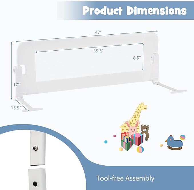 BABY JOY Double Sided Bed Rail Guard, 2 Pack, Extra Long, Swing Down for Convertible Crib, Folding Baby Safety Bedrail for Kids Twin Full Size Queen King Mattress, Rails for Toddlers (White, 47")