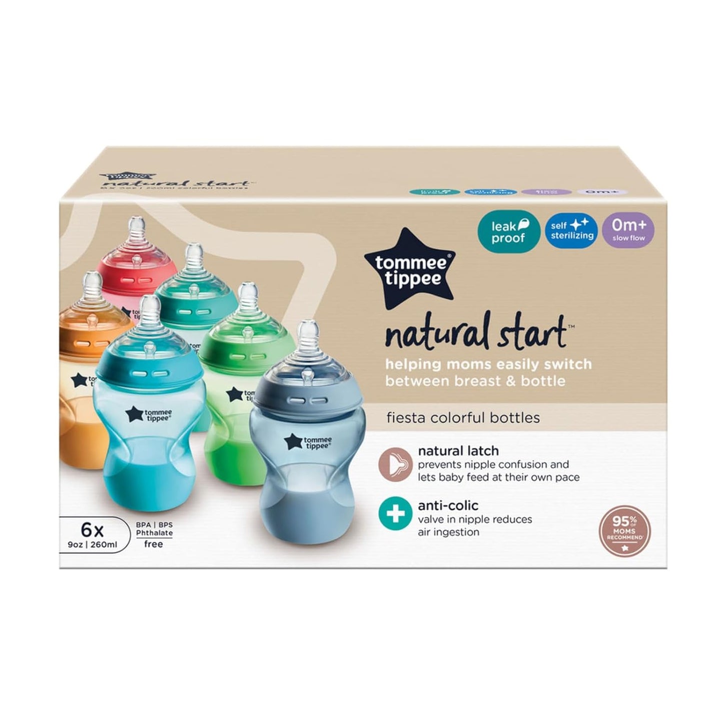Tommee Tippee Natural Start Anti-Colic 9 oz BPA Free Baby Bottles, 0+ Months, Slow Flow Breast-Like Nipple, Self Sterilizing, Designed for Seamless Transition Between Bottle & Breast, Clear, Pack of 2