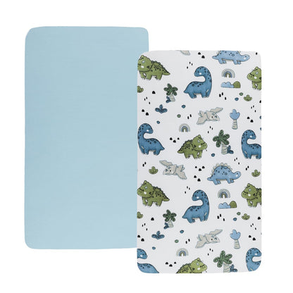 Bassinet Sheet Set 2 Pack Snug Fitted Bedside Sleeper Bassinet Sheets, Stretchy Ultra Soft, Unisex Boy Girl, Light Blue & Dinosaur