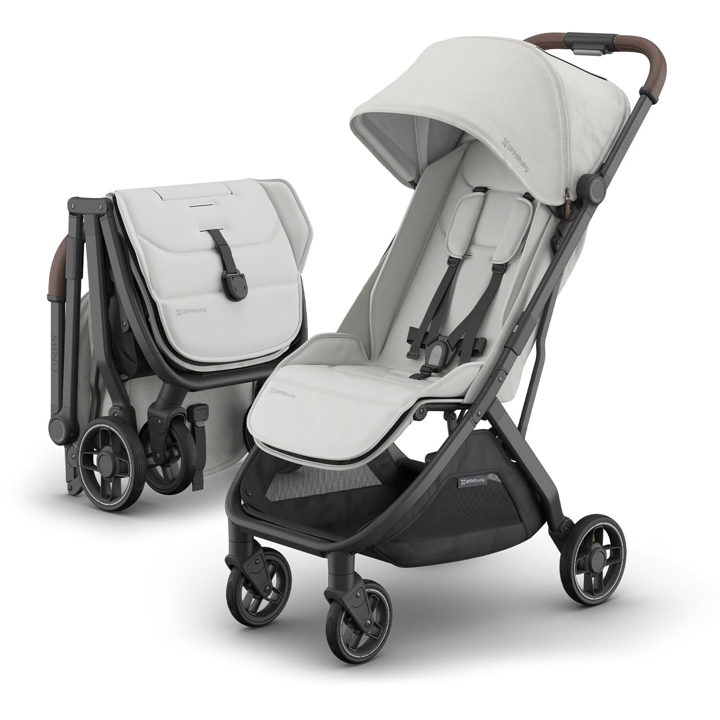 UPPAbaby Minu V3 Travel Stroller | Lightweight + Compact Design | One-Hand Fold + Unfold | from Birth + Overhead Compatible | Evelyn (Meadow Green/Carbon Frame/Chestnut Leather)