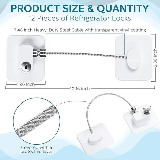 12 Pack Refrigerator Lock with 12 Keys Fridge Locks Combination Adhesive Child Safety Cabinet Freezer Door Lock Adult File Drawer Kitchen Appliance Furniture Closet(White)