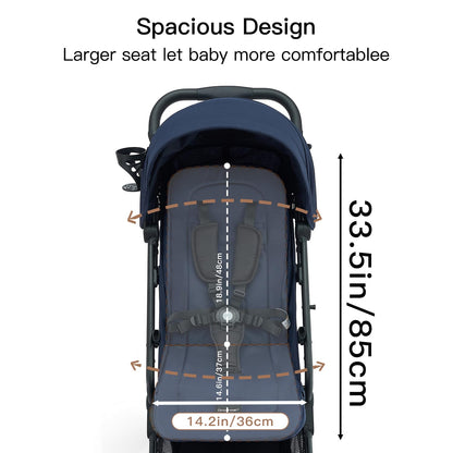 Gromast Compact Fold Baby Stroller, Lightweight Travel Toddler Stroller with One-Click Fold, Extendable UPF50+ Canopy, Cup Holder, UV Protected and Waterproof, One-Hand Folding - Blue