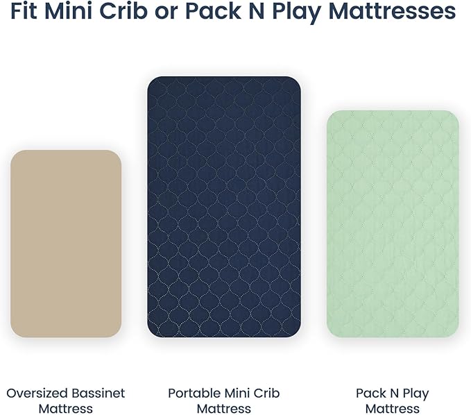 David’s Kids 2 Pack Mini Crib Waterproof Cover, 38" x 25" Fitted Breathable Protector Sheet with Elastic Skirt, Soft Pad Cover for Crib and Playard, Navy Blue & Sage Green