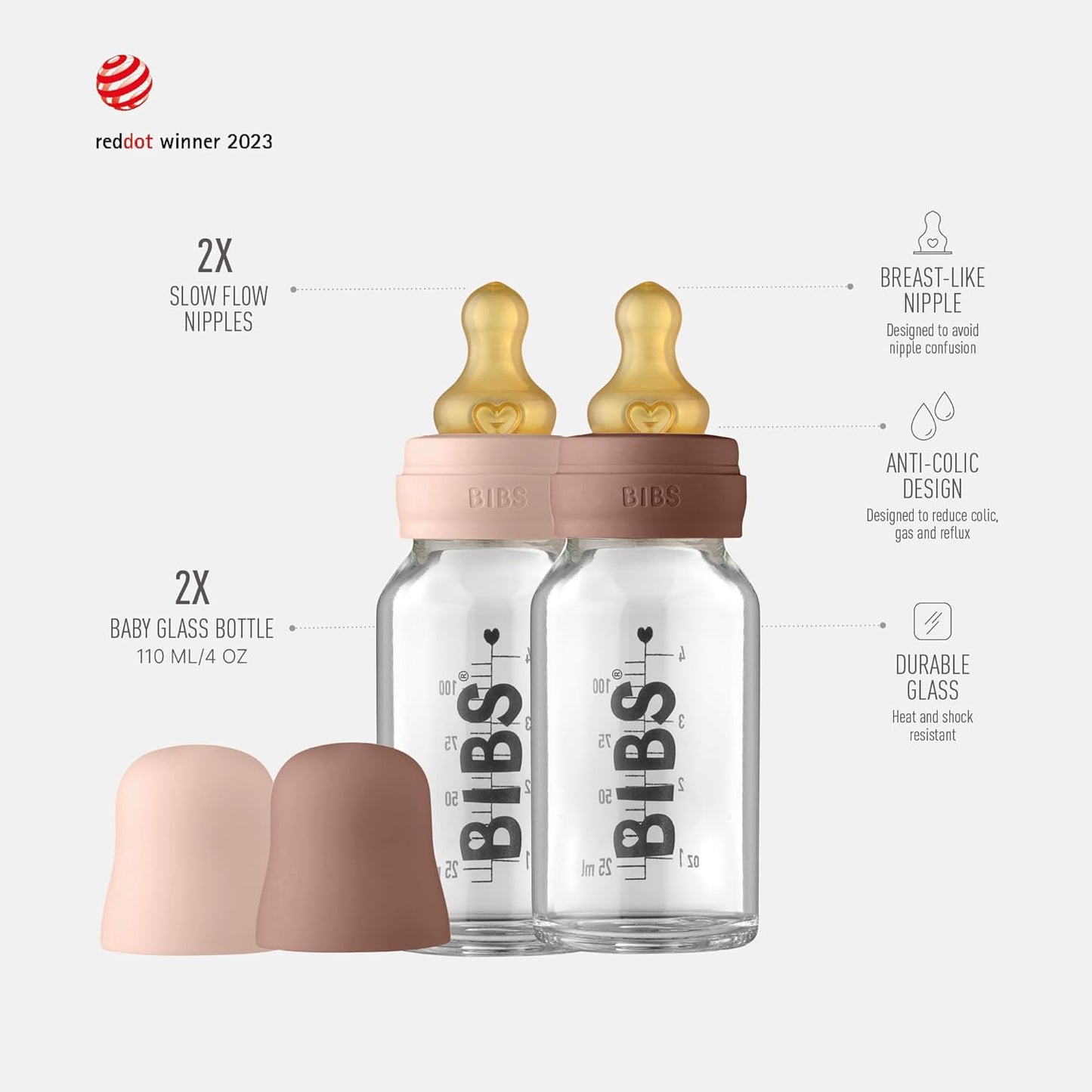 BIBS Baby Glass Bottle. Anti-Colic. Round Natural Rubber Latex Nipple. Supports Natural Breastfeeding, Complete Set - 110 ml, Cloud