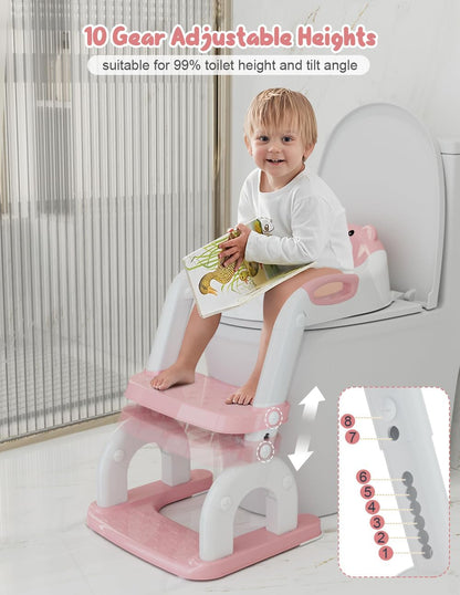 Potty Training Seat with Step Stool, Toddler Potty Training Toilet Seat with Non-Slip Step Splash Guard Safety Handles and Waterproof Cushion, 2 In 1 Toddler Potty Seat