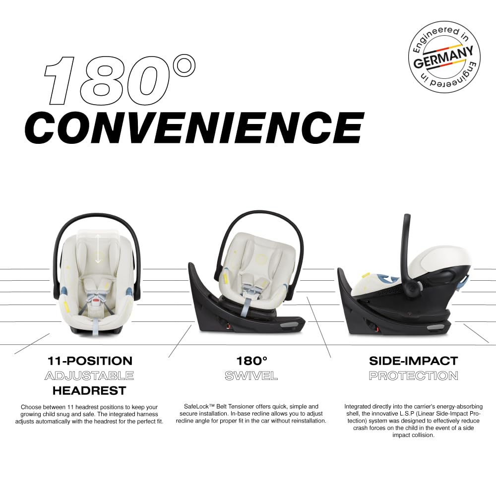 Cybex Aton G Swivel Infant Car Seat with 180-Degree Rotate, Linear Side-Impact Protection, 11-Position Headrest, SensorSafe & Safelock Base, Seashell Beige