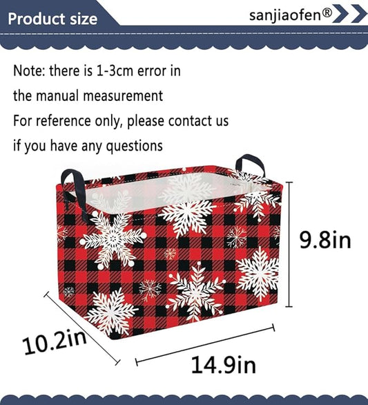 Rectangular Christmas Baskets,Snowflakes Basket Empty,Waterproof PE Coating Cute Bins for Kids with Handles,Gifts Baskets,Books Bin. (Red snowflakes)