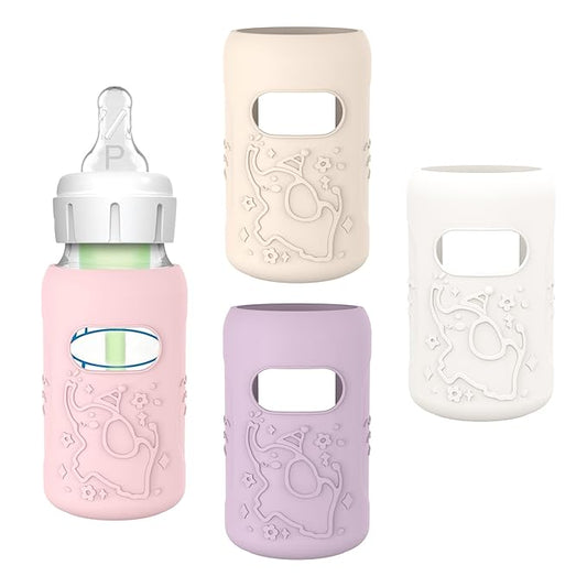 KingKam 4 Pack Silicone Sleeves for Dr. Brown's Glass Baby Bottles, Anti Breakage Baby Bottle Sleeves Holder, Compatible with Dr. Brown's Anti-Colic Options+ Narrow Glass Baby Bottles, 4 oz/120 mL