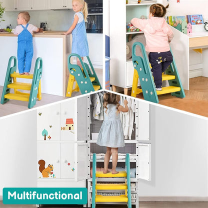 Onasti Foldable Toddler Step Stool for Bathroom Sink, Adjustable 3 Step Stool for Kids Toilet Potty Training Stool with Handles, Child Kitchen Counter Stool Helper, Plastic Ladder for Toddlers Pink