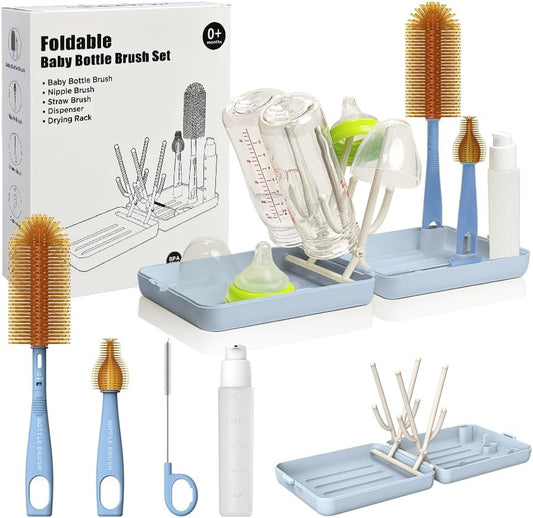 YOTIME Travel Bottle Brush, Travel Bottle Cleaner Kit with Foldable Bottle Drying Rack, for Visit Friends and Relations, Baby Travel Essentials, BPA Free, Green