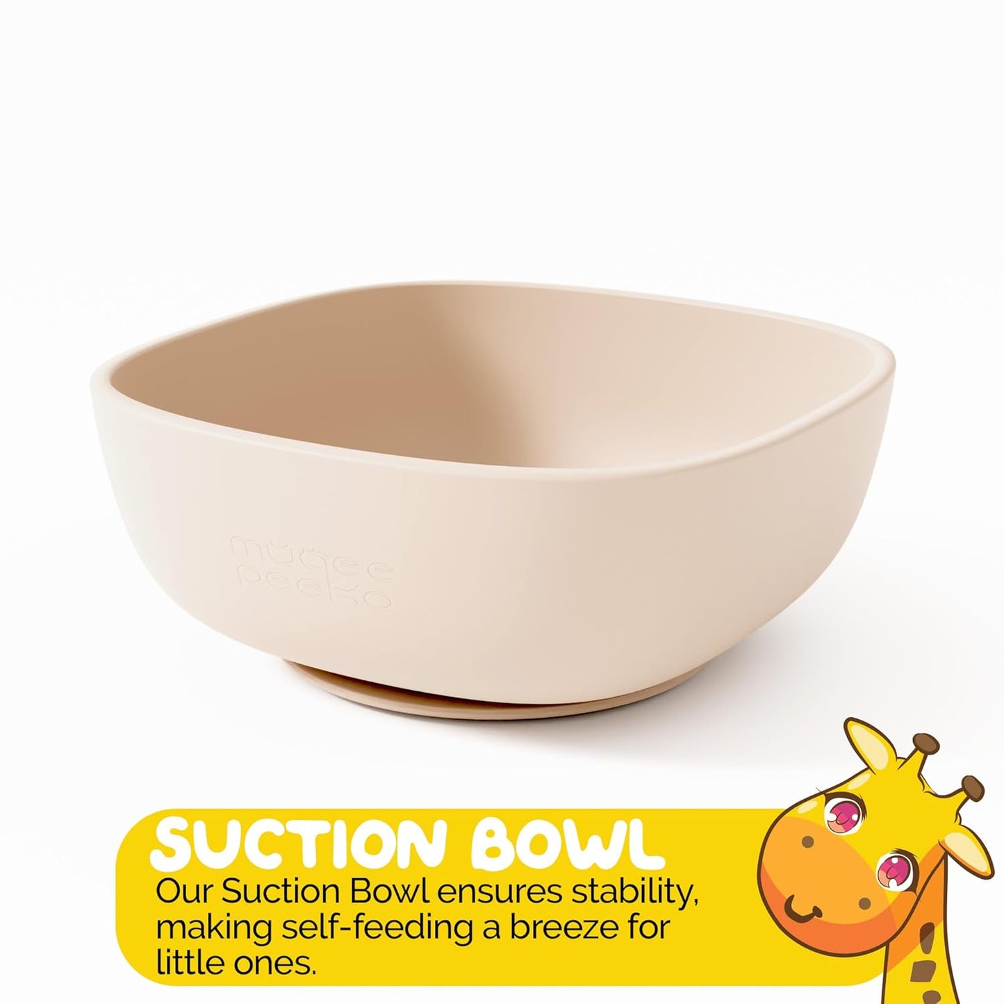 Baby Feeding Set by Muqee Peeko as a Baby Feeding Essentials in Baby Apricot Color with Baby Suction Plates for Toddlers, Baby Bowls with Suction and Baby Spoon (3 Piece Set)