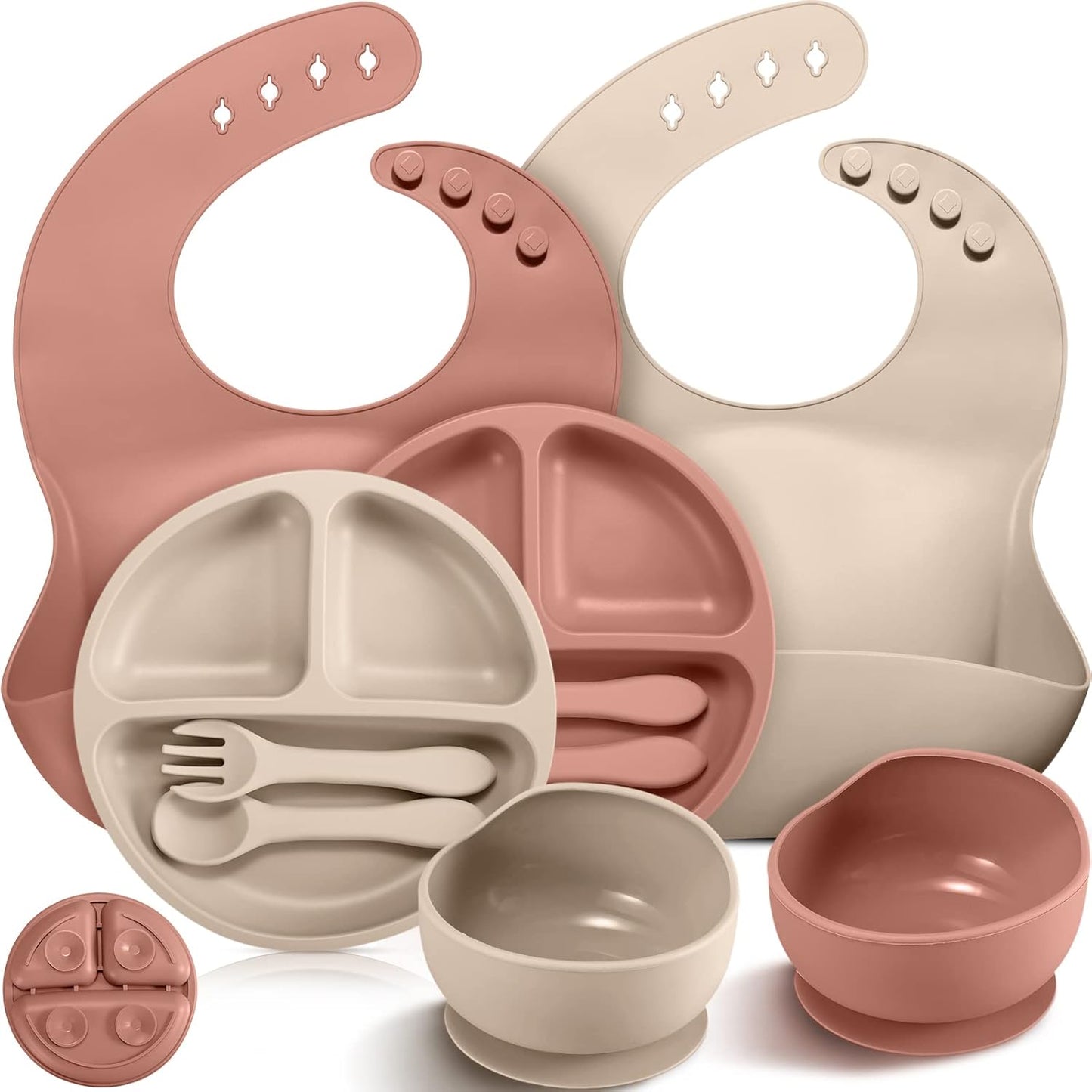 10 Pack Silicone Baby Feeding Set, Toddlers Led Weaning Feeding Supplies with Suction Baby Bowl Divided Plate Adjustable Bib Soft Silicone Spoon Fork, Infant Self Eating Utensil Set (Gray, Khaki)