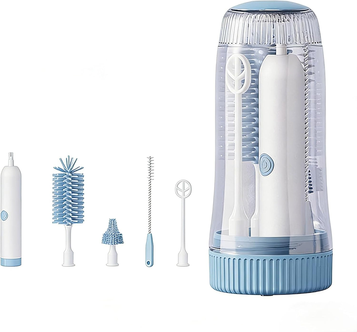 Portable Electric Silicone Bottle Brush Set, 7-in-1 UV LIGHT USB Charging, Nipple/Straw Cleaner, Milk Mixer, Built-in Drying Rack & Storage Case, BPA-Free, IPX7, On-the-Go for New Parents (Blush)