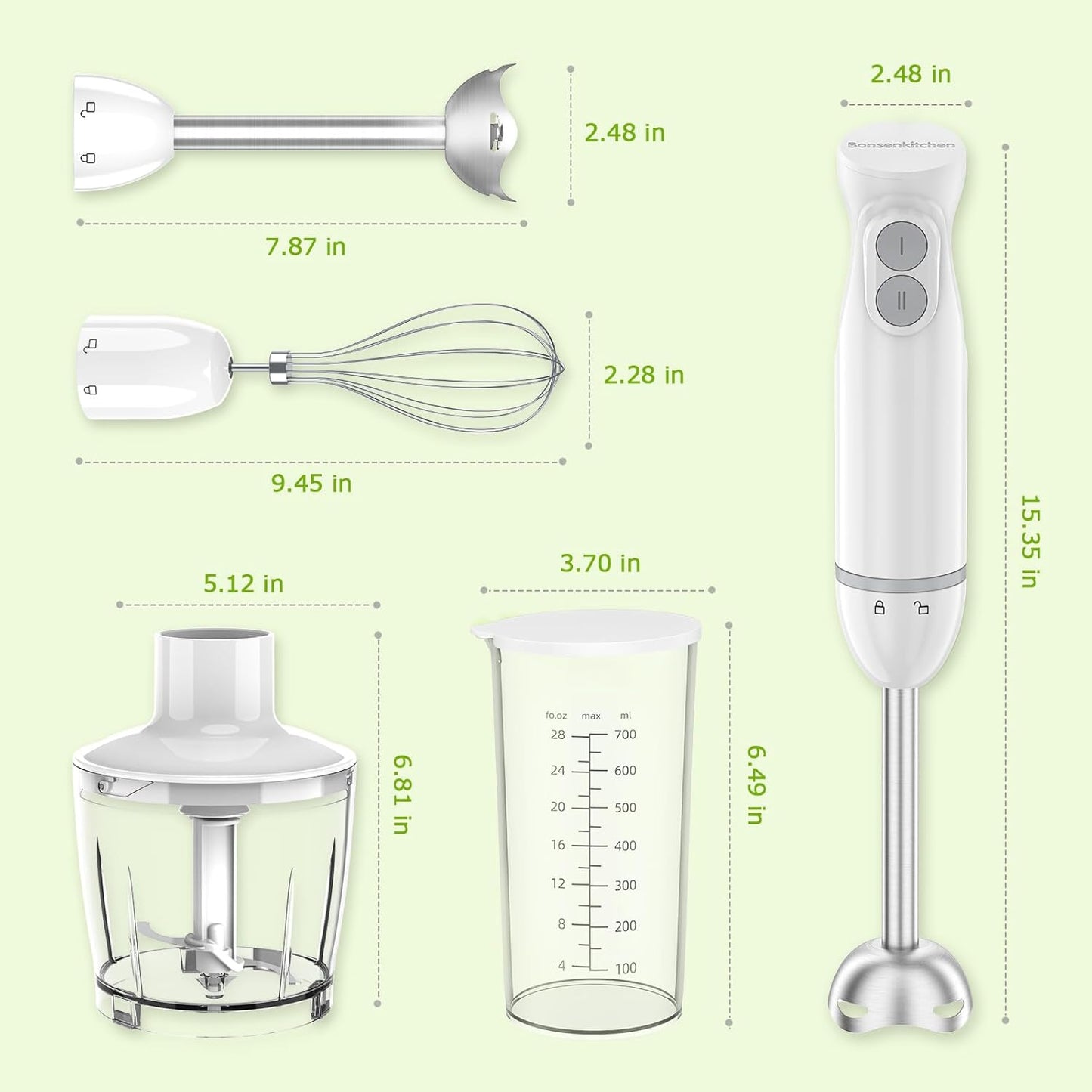 Bonsenkitchen Hand Blender, Immersion Blender with 2 Mixing Speed, Electric Handheld Mixer Portable Stick Mixer with Stainless Steel Blades for Soup, Smoothie, Puree, Baby Food