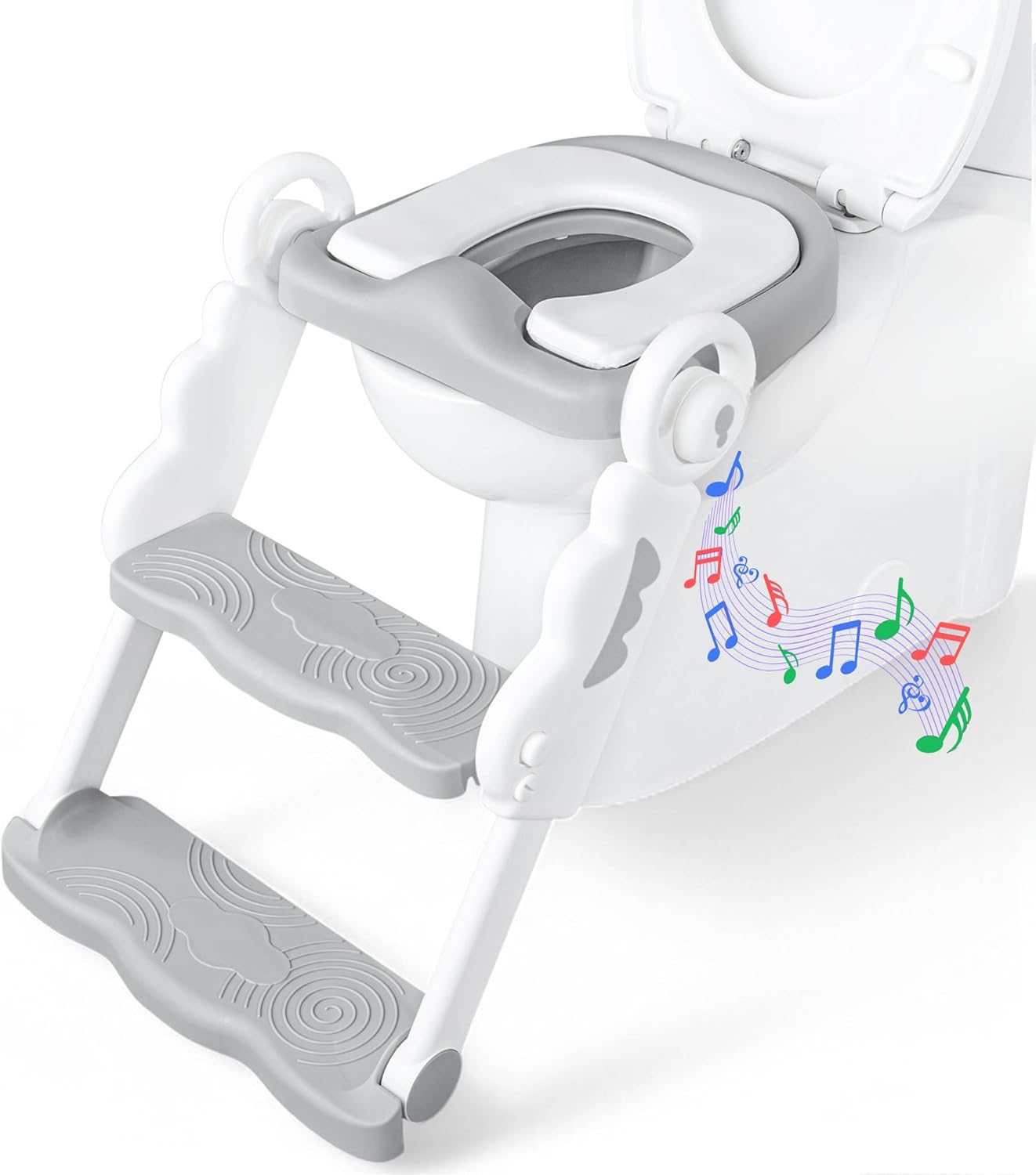 bebeleh Musical & Sound Toddler Potty Training Seat w/Step Stool Ladder - Collapsible & Adjustable Toilet, Pre Assembled Toddler Toilet Seat w/Music & Sounds - Splash Guard & Anti-Slip Steps - Gray