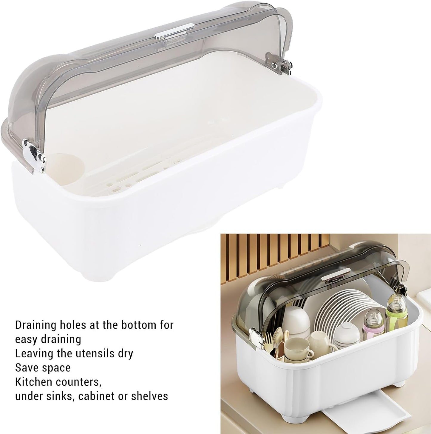 LiebeWH Dish Rack with Cover, Kitchen Counter Space Saving Baby Bottle Drying Rack with Cover Holder Organizer Extra Large White