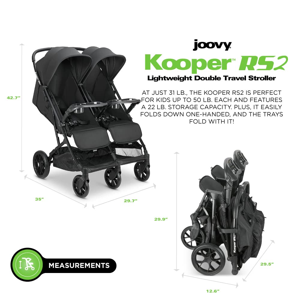 Joovy Kooper X2 Double Stroller, Lightweight Travel Stroller, Compact Fold with Tray, Black