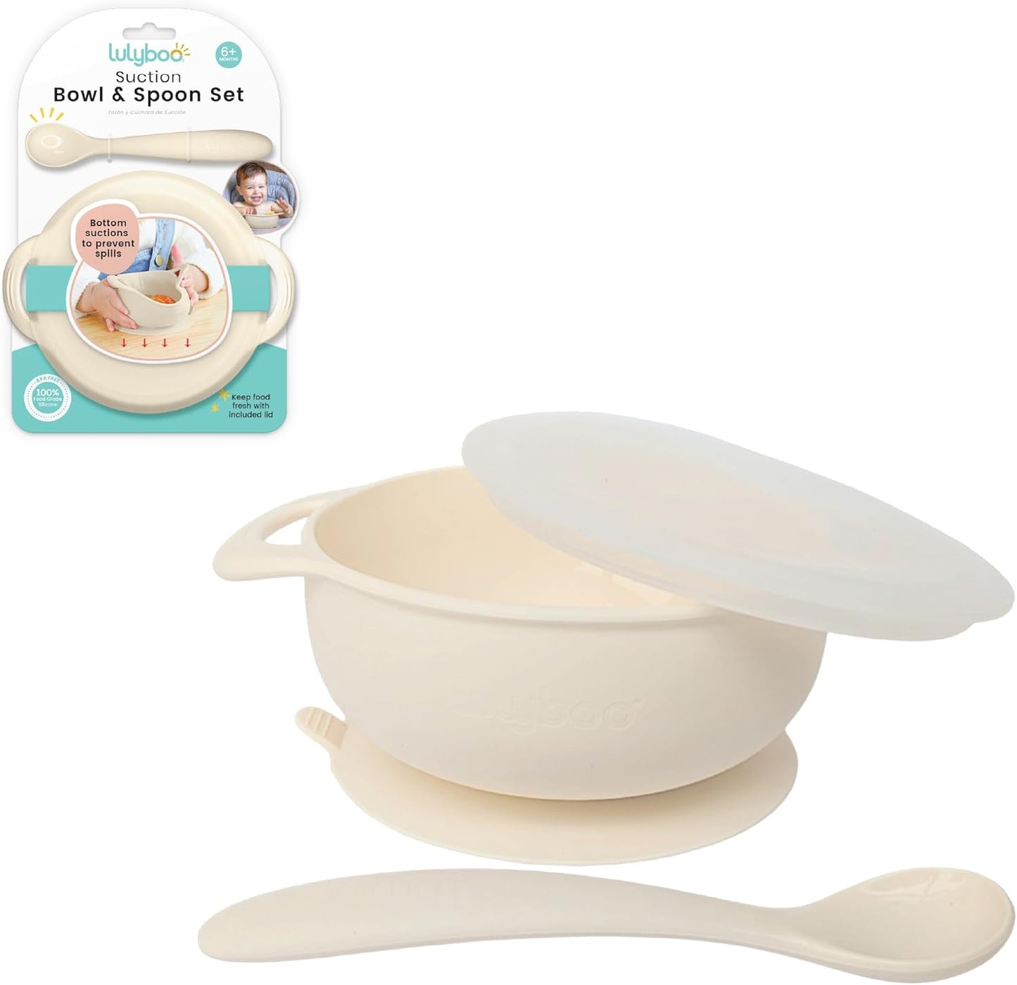 Lulyboo Silicone Baby Feeding Bowl with Handles, Lid & Spoon - Packable, Spill-Proof, Dishwasher Safe, Non-Slip Suction, for Toddlers 6+ Months (Ivory)