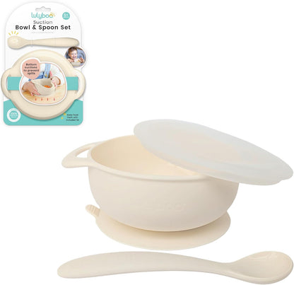 Lulyboo Silicone Baby Feeding Bowl with Handles, Lid & Spoon - Packable, Spill-Proof, Dishwasher Safe, Non-Slip Suction, for Toddlers 6+ Months (Ivory)
