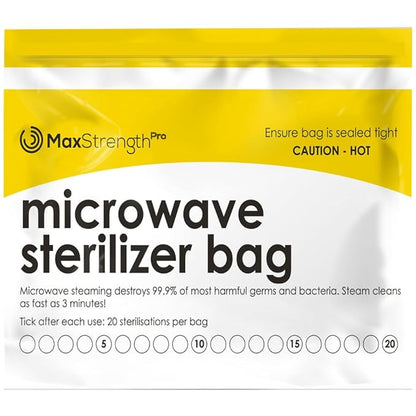 Max Strength Pro Microwave Steam Sterilizer Bags 20pc for Baby Bottles, Soothers, Teethers, Breast Pump Parts, Training Cups, Accessories, Reusable Large Bags, 20 Uses Per Bag, Easy Tracking System