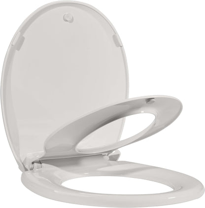 17" White Round Toilet Seat for Adult and Child, Built-In Potty Training Seat with Soft Quiet Close Non-Slip Design, Magnetic Kids Seat and Cover for Round/Oval Toilets, Easy to Install and Clean