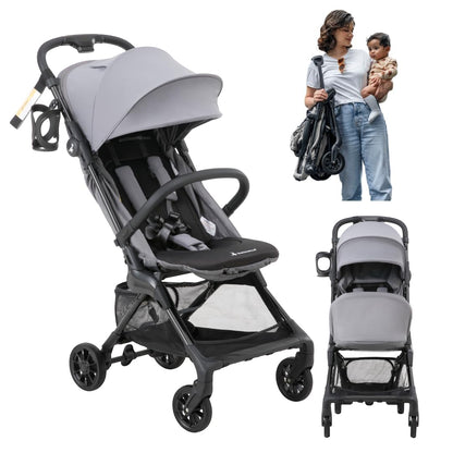 BabbleRoo Hoplite Compact Stroller – Lightweight Travel Stroller for Airplane (12.3 lbs), from Birth to 55 lbs, Easy Fold, PU Wheels, Alloy Frame, Near-Flat Recline, Cup Holder, Baby Stroller