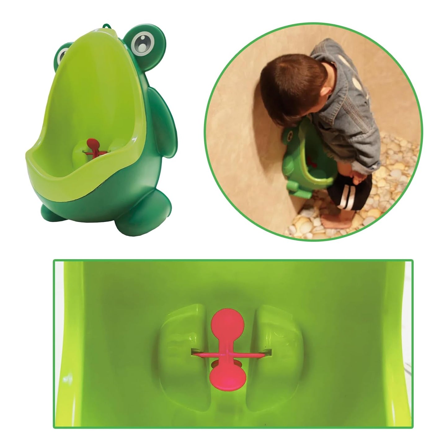 Frog Pee Training with Brush and Hooks, Green Cute Potty Training Urinal,Potty Training Toilet for Boys Kids Toddler with Funny Aiming Target,Frog Shape Pee Trainer
