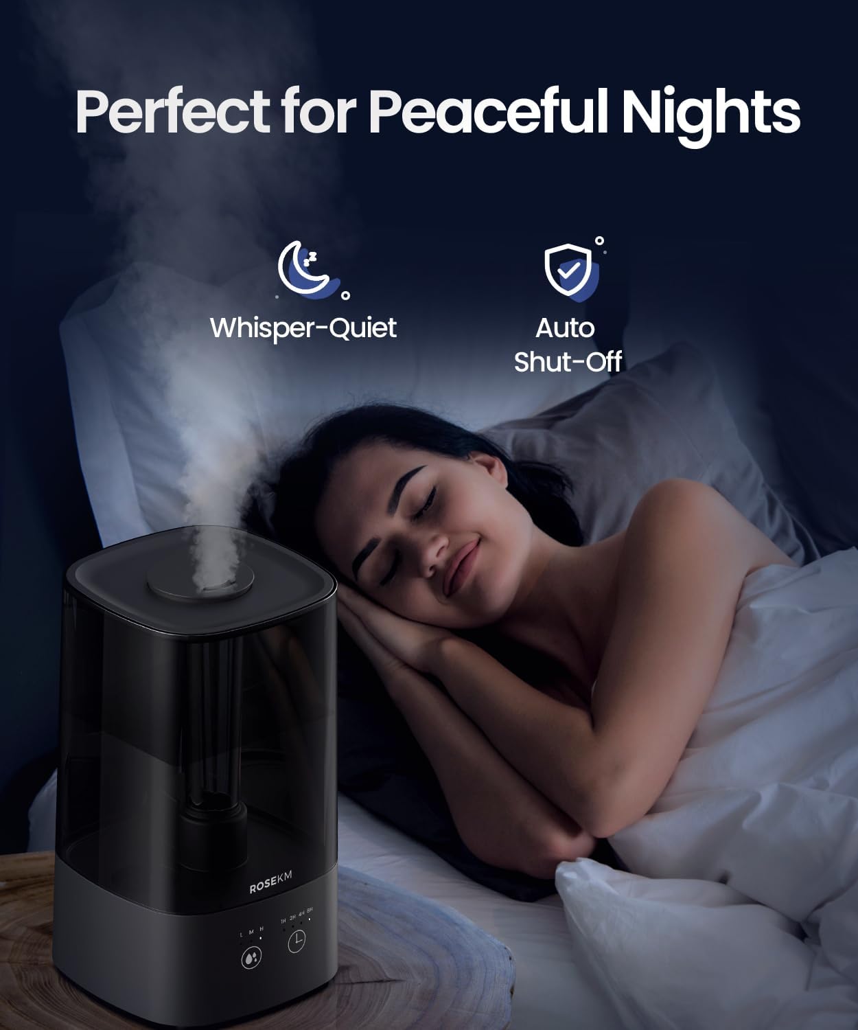 ROSEKM Humidifiers for Bedroom, 2.0L Cool Mist Humidifier for Home Plant and Baby Nursery, Quiet Ultrasonic Humidifier with 360° Nozzle, Auto Shut-Off, Filterless, Black
