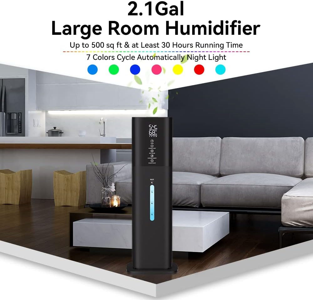 Humidifiers Large Room Bedroom with 7 Colors Light,Honovos 8L 2.1Gal Quiet Ultrasonic Cool Mist Topfill Humidifier with 360° Nozzle 3 Speed Humidistat Essential Oil Tray for Baby Home Plant Yoga Sleep