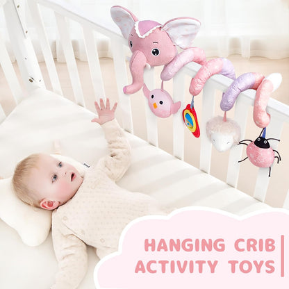 Koty Car Seat Toys, Infant Baby Spiral Plush Activity Hanging Toy for Stroller Bar Pram Crib with Music Box BB Squeaker & Rattles(Black Fox)