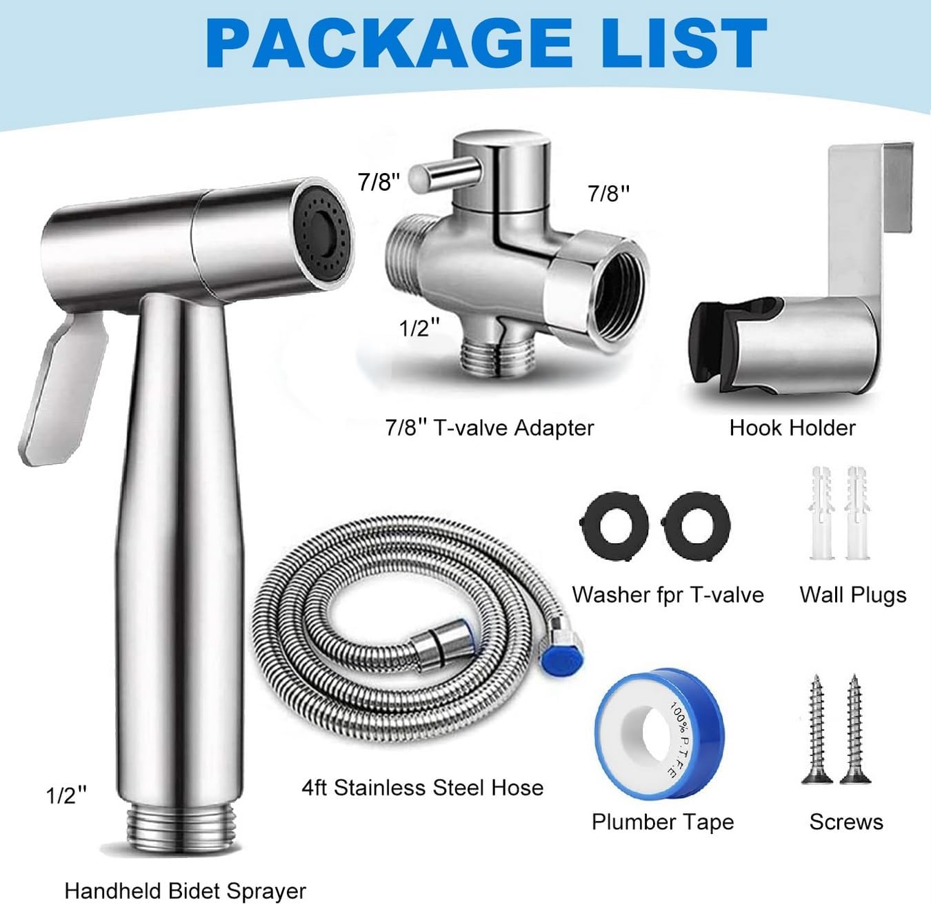 Handheld Bidet Sprayer for Toilet: Premium Stainless Steel Cloth Diaper Sprayer Set, Upgraded Jet Sprayer for Toilet w/Leakproof Hose, High Pressure Bathroom Bidet Sprayer Set Muslim Shower (Silver)
