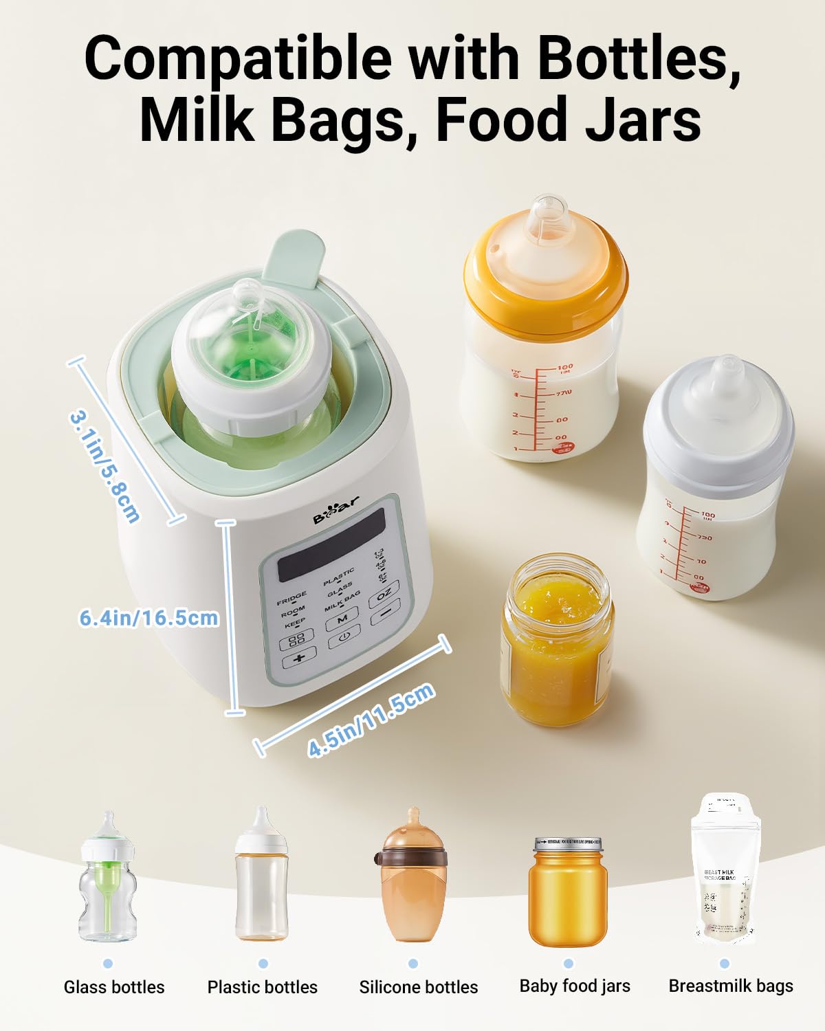 Bear Baby Bottle Warmer, Milk Warmer Breastmilk Bag Formula Fast Warming for New Born Baby Bottles, with Time Temp Control Automatic Shut Off at Home Use