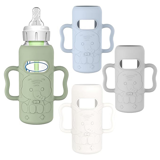 KingKam 4 Pack Silicone Sleeves for Dr. Brown's Glass Baby Bottles, Drop Protection Bottle Sleeves with Handles, Compatible with Dr. Brown's Anti-Colic Options+ Narrow Glass Baby Bottles, 8 oz/250 mL