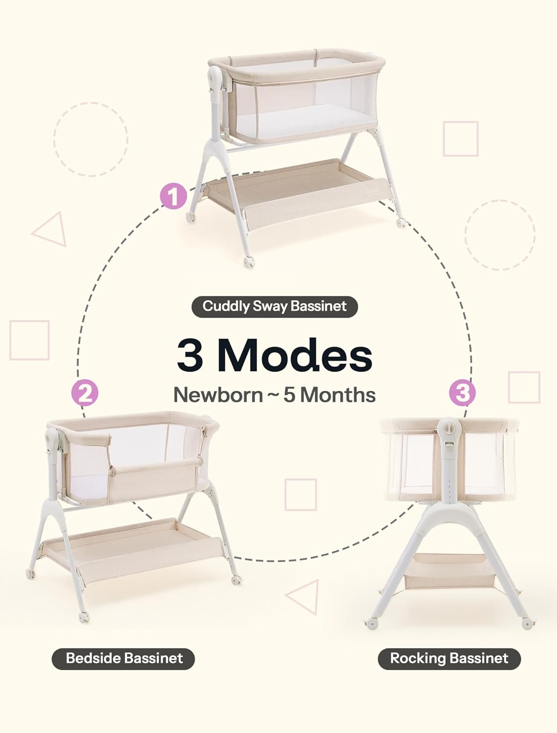 HARPPA Cuddly Sway Baby Bassinet Bedside Sleeper, 3 in 1 Rocking Bassinet with Mattress and Soft Cover, Full Mesh Sides, 5 Height Adjustable with Wheels for Newborns, Beige