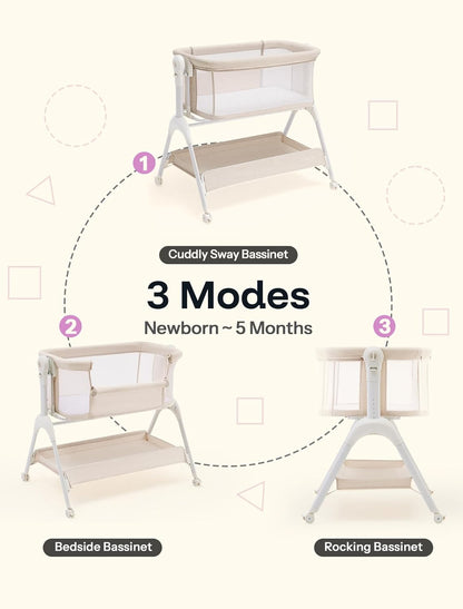 HARPPA Cuddly Sway Baby Bassinet Bedside Sleeper, 3 in 1 Rocking Bassinet with Mattress and Soft Cover, Full Mesh Sides, 5 Height Adjustable with Wheels for Newborns, Beige