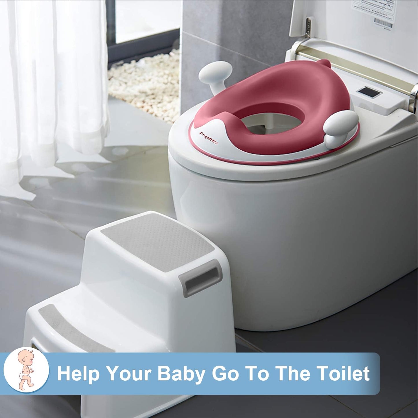 ANGELBLISS Baby Potty Training Toilet Seat with Soft Cushion Handles, Haute Collection, Double Anti-Slip Design and Splash Guard for Boys and Girls (Pink)