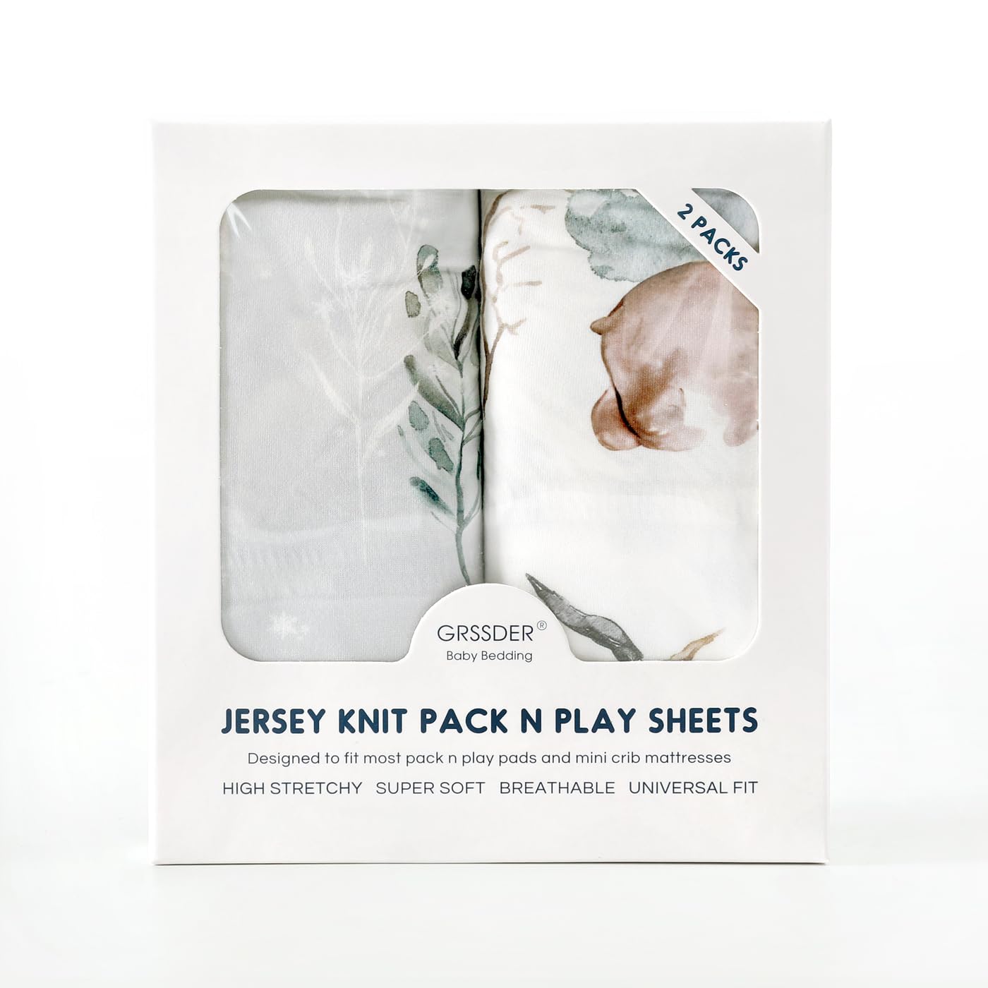 GRSSDER Stretch Ultra Soft Jersey Knit Fitted Pack n Play Playard Sheets Set 2 Pack，Fits Portable/Mini Cribs Sheets, Playards Mattress Pads, Stylish Watercolor Animals for Baby, Mint Green