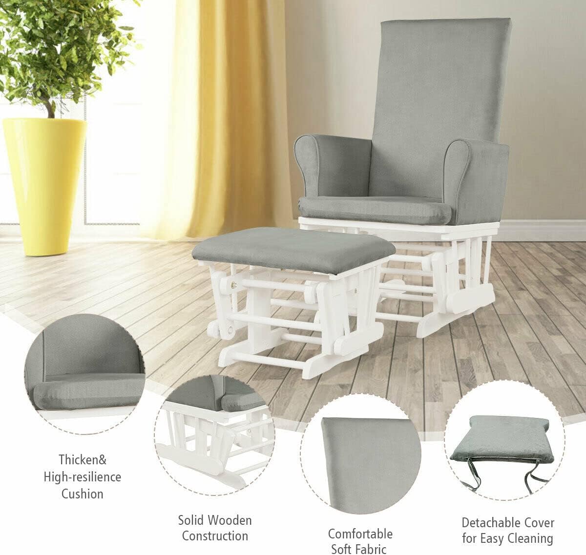 Costzon Baby Glider and Ottoman Cushion Set, Wood Baby Rocker Nursery Furniture for Napping, Nursing, Reading, Upholstered Hoop Glider & Ottoman Comfort Nursery Chair w/Padded Armrests (Pink)