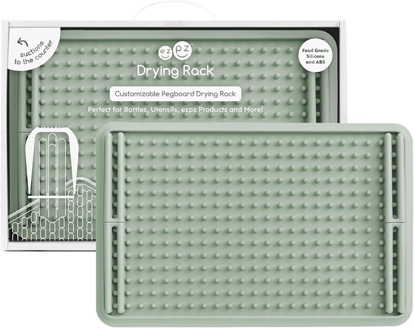 ezpz Drying Rack (Sage) - Silicone Dish Drying Rack with Suction Base - Adjustable Pegs - Odor-Resistant - Dry + Store Baby/Toddler Gear