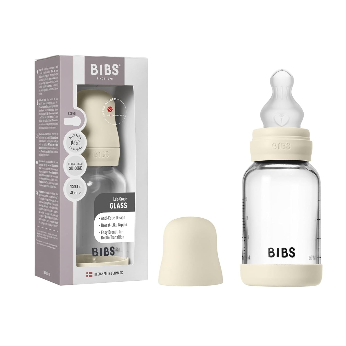 BIBS Baby Glass Bottle. 4 US fl oz / 120 ml. Anti-Colic. Vented Round Silicone Nipple. Supports Natural Breastfeeding, Slow Flow, Complete Set - Sage