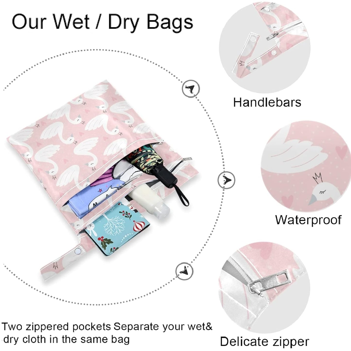 visesunny Yellow Dinosaurs Volcano and Palm Tree 2Pcs Wet Bag with Zippered Pockets Washable Reusable Roomy for Travel,Beach,Pool,Daycare,Stroller,Diapers,Dirty Gym Clothes, Wet Swimsuits, Toiletries