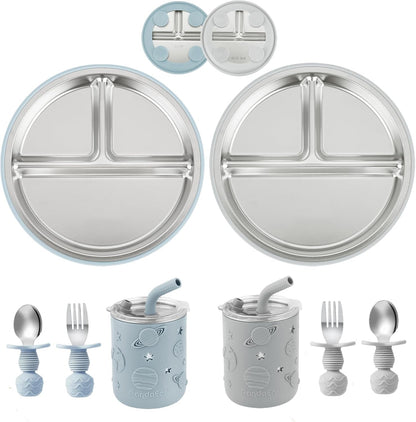 PandaEar Stainless Steel Baby Feeding Set | 2 Divided Suction Plates, 2 Spill-Proof Straw Cups with Silicone Sleeves, 2 Forks & 2 Spoons | Toddler Utensils for Baby Led Weaning, BPA-Free (Pink)