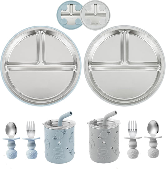 PandaEar Stainless Steel Baby Feeding Set | 2 Divided Suction Plates, 2 Spill-Proof Straw Cups with Silicone Sleeves, 2 Forks & 2 Spoons | Toddler Utensils for Baby Led Weaning, BPA-Free (Pink)