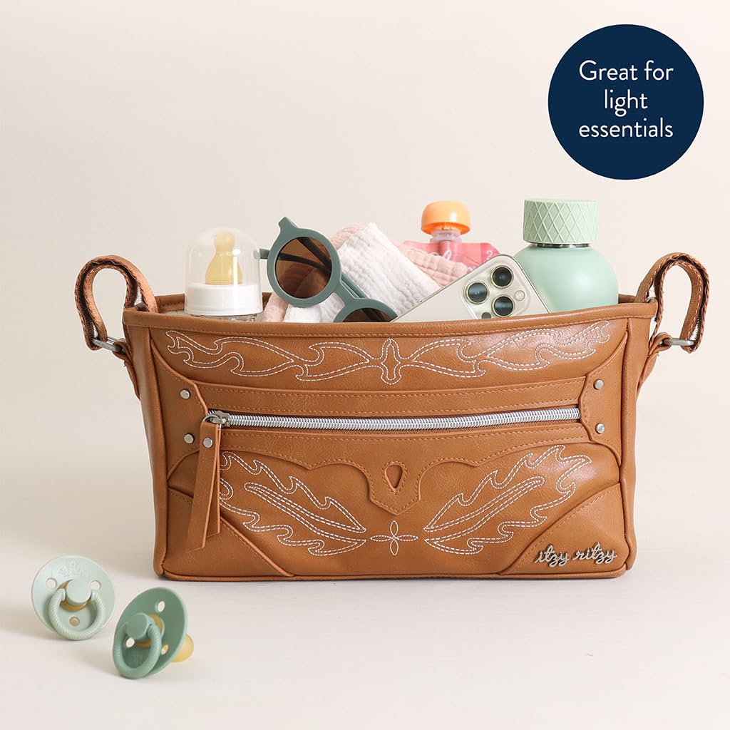 Itzy Ritzy Adjustable Stroller Caddy and Organizer Bag Featuring Front Zippered Pocket, 2 Built-In Interior Pockets & Adjustable Straps to Fit Nearly Any Stroller (Coffee and Cream)