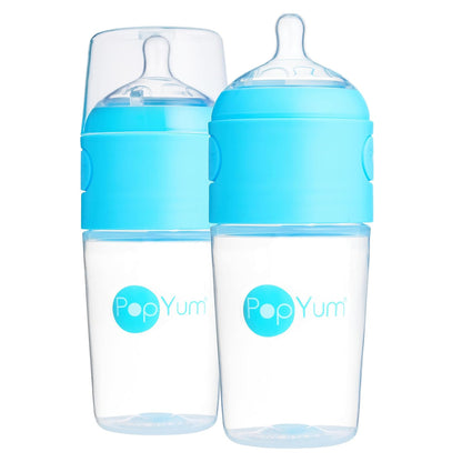PopYum 9 oz Blue Anti-Colic Formula Making Baby Bottles, 3-Pack with #2 Medium Flow Nipples, 260 ml, BPA-Free, Natural Latch, Mixing, Dispenser